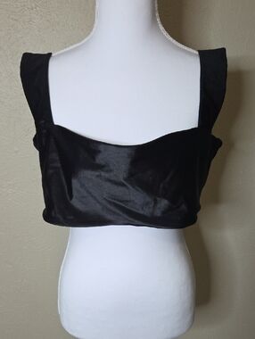 WeWoreWhat Black Satin Square-Neck Crop Top